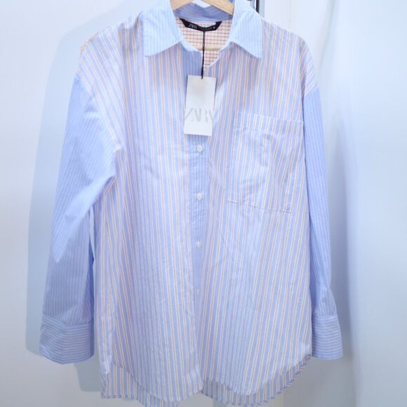 ZARA Blue and Beige Oversized Patchwork Shirt Size XS NWT - Picture 5 of 10